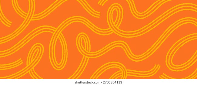 Asiatische Nudel-Doodle-Muster Hintergrund. Gelbe Nudeln Banner Design auf orangefarbenem Hintergrund. Textur von wellenförmigen Stiften auf gezeichneten Linien. Vektorgrafik abstrakter Lebensmittel. Funky Pasta Doodle Tapete.