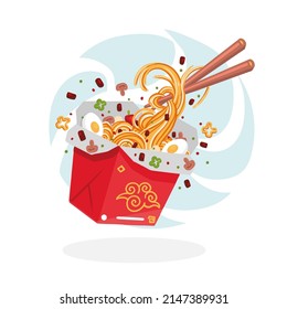 Asian Noodle in red box. Cartoon vector illustration. Isolated on white background. Design for poster, banner, menu, cafe and web.