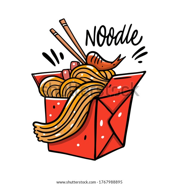 Asian Noodle in red box. Cartoon vector\
illustration. Isolated on white background. Design for poster,\
banner, menu, cafe and\
web.