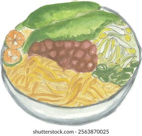 Asian noodle with slice of chicken and vegetables hand drawn watercolour illustration with isolated white background