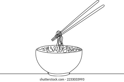 Asian noodle soup in bowl and chopsticks continuous line vector illustration