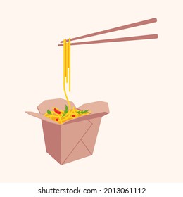 Asian noodle with vegetables in paper box and chopsticks with noodles vector illustration