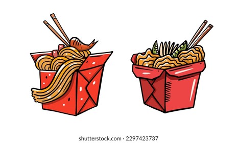 Asian noodle wok in red box set hand drawn colorful cartoon style vector illustration.