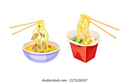 Asian noodles in bowl and take away box vector illustration