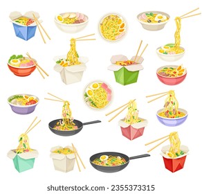 Asian Noodles in Box, Frying Pan and Bowl with Chopsticks Big Vector Set