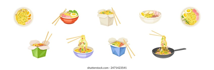 Asian Noodles in Carton Box and Bowl with Chopstick Vector Set