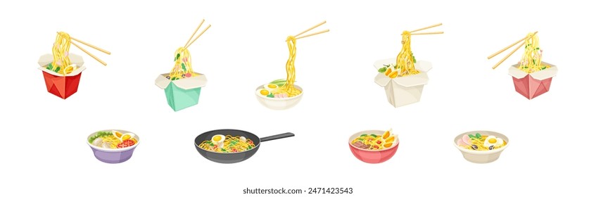 Asian Noodles in Carton Box and Bowl with Chopstick Vector Set