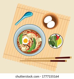 Asian noodles with eggs and peas