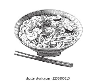 Asian noodles hand drawn engraving sketch Restaurant business concept Vector illustration.