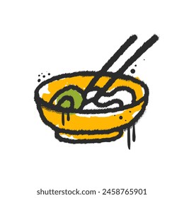 Asian noodles icon. Grunge street fast food element in y2k urban graffiti style with streaks. Black air sprayed graphic. Spray textured vector illustration. Korean, thai, chinese, japanese cuisine