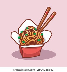 Asian noodles in red box in colorful cartoon style hand drawn.