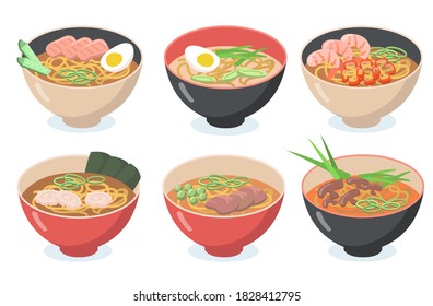 Asian noodles set. Bowls with soup, udon, eggs, green vegetables, beans, seafood, mushrooms. Vector illustrations collection for Chinese or Japanese cuisine, healthy food concept