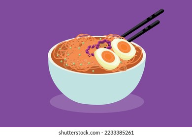Asian noodles set. bowls with soup, eggs,