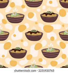Patrón sin fisuras del vector de fideos asiáticos. Estilo de doodle de dibujos animados Comida coreana sin fisuras fondo con fideos en tazones grandes y manchas abstractas decorativas para empaquetar menús papel
