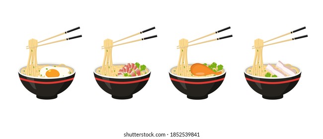 Asian noonle set, black bowl and chopsticks with different kinds of meat