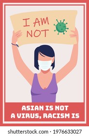 Asian is not virus poster flat vector template. Anti-chinese racism. Brochure, booklet one page concept design with cartoon characters. Discrimination against asian-americans prevention flyer, leaflet