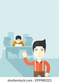 An asian office clerk has a lot of works to do with those papers in front of him, problem on how to meet the deadline of his report. Disappointment concept. A Contemporary style with pastel palette