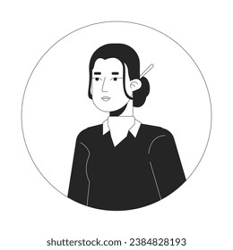 Asian office lady wearing chinese hairpin black and white 2D vector avatar illustration. Relaxed standing outline cartoon character face isolated. Female worker casual flat user profile image