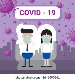 Asian Office man and Office woman wear medical mask for Protect COVID-19 Corona Virus Cartoon Style Protection Concept  with space for text box 