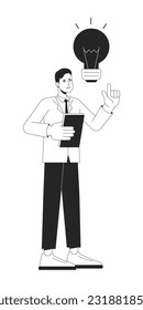 Asian office worker eureka idea bw concept vector spot illustration. Employee with light bulb 2D cartoon flat line monochromatic character for web UI design. Editable isolated outline hero image