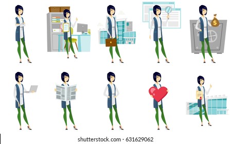 Asian office worker holding clipboard and giving thumb up. Young office worker with clipboard. Office worker showing clipboard. Set of vector flat design illustrations isolated on white background.