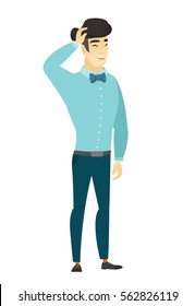 Asian  office worker laughing. Office worker laughing with hands on his head. Office worker laughing with closed eyes and open mouth. Vector flat design illustration isolated on white background.