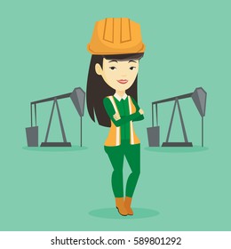Asian oil worker in uniform and helmet. Confident oil worker standing with crossed arms. Smiling oil worker standing on the background of pump jack. Vector flat design illustration. Square layout.