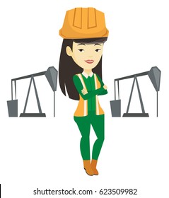 Asian oil worker in uniform and helmet. Young oil worker standing with crossed arms. Oil worker standing on the background of pump jack. Vector flat design illustration isolated on white background.