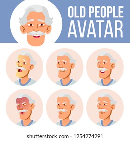 Asian Old Man Avatar Set Vector. Face Emotions. Senior Person Portrait. Elderly People. Aged. Facial, People. Active, Joy. Cartoon Head Illustration

