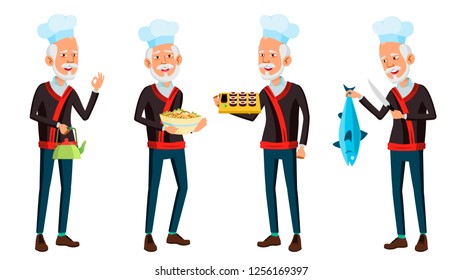 Asian Old Man Poses Set Vector. Elderly Chef In  Restaurant. Rolls, Fish. Senior Person. Aged. Funny Announcement, Cover Design. Isolated Cartoon Illustration
