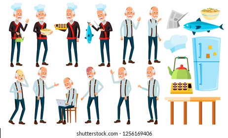 Asian Old Man Poses Set Vector. Elderly People. Senior Person. Aged. Chef In  Restaurant. Rolls, Fish. Presentation, Print, Invitation Design. Isolated Cartoon Illustration