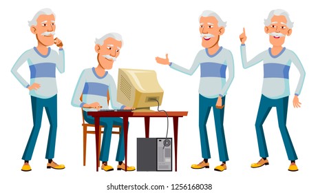 Asian Old Man Set Vector. Elderly People. Senior Person. Aged. Active Grandparent. Joy. Presentation, Print, Invitation Design. Isolated Cartoon Illustration
