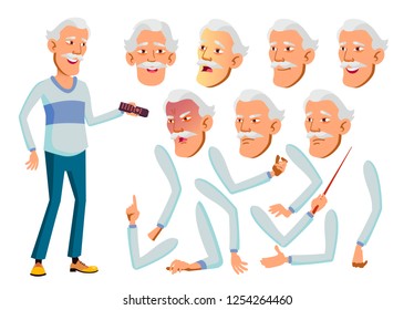 Asian Old Man Vector. Senior Person. Aged, Elderly People. Activity, Beautiful. Face Emotions, Various Gestures. Animation Creation Set. Isolated Flat Cartoon Character Illustration
