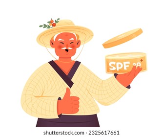 Hombre mayor asiático con crema de pantalla de sol de spf. Granjero chino mayor que aplica humedad de bloqueo solar. Usando sombrero y kimono. Ilustración vectorial de corte aislada en blanco.