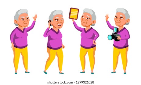 Asian Old Woman Poses Set Vector. Elderly People. Senior Person. Aged. Funny Pensioner. Leisure. Postcard, Announcement, Cover Design. Isolated Cartoon Illustration