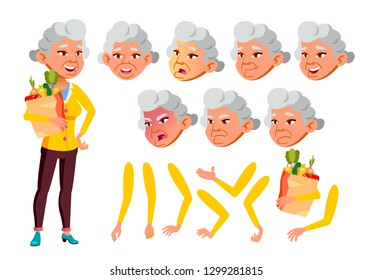 Asian Old Woman Vector. Senior Person. Aged, Elderly People. Activity, Beautiful. Face Emotions, Various Gestures. Animation Creation Set. Isolated Flat Cartoon Character Illustration