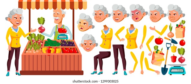 Asian Old Woman Vector. Senior Person Portrait. Elderly People. Aged. Animation Creation Set. Ecological Vegetables, Market. Emotions, Gestures. Active Grandparent. Animated. Isolated Illustration