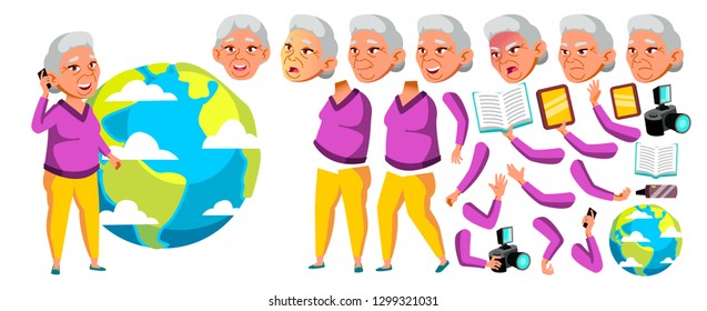 Asian Old Woman Vector. Senior Person Portrait. Elderly People. Aged. Animation Creation Set. Face Emotions, Gestures. Cute Retiree. Activity. Web, Brochure. Animated. Isolated Illustration
