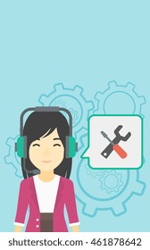 An asian operator of technical support wearing headphone set. Technical support operator and speech square with screwdriver and wrench. Vector flat design illustration. Vertical layout.