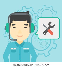 Operadora asiática de suporte técnico usando fone de ouvido. Operador de suporte técnico e quadrado de fala com chave de fenda e chave. Ilustração de design plano vetorial. Layout quadrado.