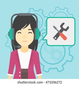 An asian operator of technical support wearing headphone set. Technical support operator and speech square with screwdriver and wrench. Vector flat design illustration. Square layout.