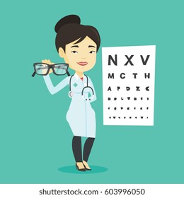 Asian ophthalmologist doctor giving glasses. Ophthalmologist doctor holding eyeglasses on the background of eye chart. Ophthalmologist offering glasses. Vector flat design illustration. Square layout.