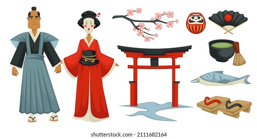 Asian oriental culture, clothes and architecture, interior items and lifestyle. Isolated geisha and samurai in kimono, gates of temple and branch with blooming sakura flowers. Vector in flat