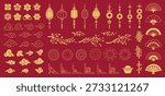 Asian oriental design elements of Chinese, Japanese, and Korean flower ornaments, vector icons. Bamboo, wave clouds and paper lantern, traditional knots or fireworks, sakura and fan Chinese elements