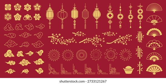 Elementos de diseño orientales asiáticos de adornos florales chinos, japoneses y coreanos, iconos vectoriales. Bambú, nubes ondulatorias y linterna de papel, nudos tradicionales o fuegos artificiales, sakura y abanico de Elementos chinos