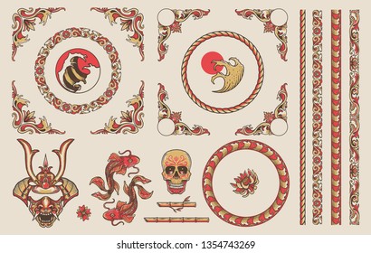 asian ornament pack, with corner for frame, lines and more illustration. good for vintage invititation card, poster.