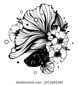 Asian ornamental golden fish with spring flower wreath, black vector silhouette