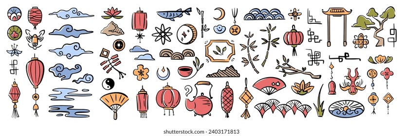 Asian ornaments and Chinese decorative elements for design. Vector clouds and paper lanterns, bamboo tree branches, and dragon. Teapot and temple or shrine gate, bonsai plant with twigs