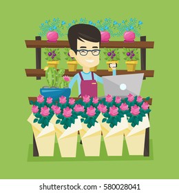 El dueño asiático de la floristería usa teléfono y laptop para tomar orden. Joven propietario de una floristería parada detrás del mostrador. Propietario de la florería en el trabajo. Ilustración de diseño plana vectorial. Diseño cuadrado.