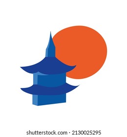 Asian pagoda with red sun. Vector illustration in oriental style. Japanese, chinese traditional pagoda building